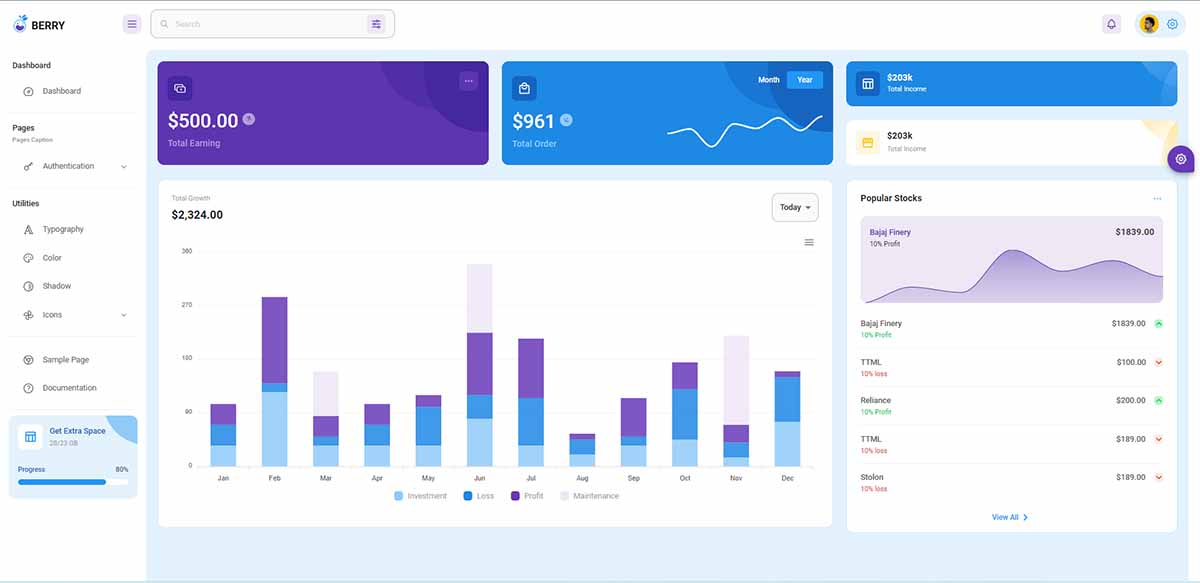 Berry is a free Material UI admin dashboard template built with React